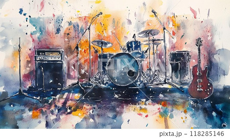 【情熱的なライブステージ】エレキギターとドラムが生み出す音楽の躍動 – 魅力的な水彩画風アート 118285146