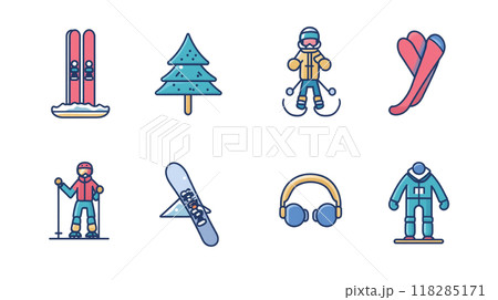 スキー&スノーボードアイコンセット:冬のスポーツ装備とアクティビティデザイン スキー&スノーボードアイコンセット:冬のスポーツ装備とアクティビティデザイン 118285171