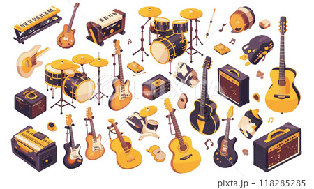 バラエティ豊かな楽器アイコンセット - ギター、ドラム、キーボード、アンプなど音楽プロジェクトに最適 118285285