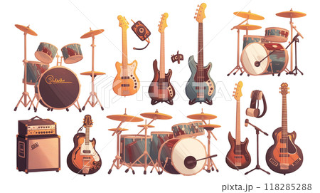 プロフェッショナルバンド楽器アイコンセット - ギター、ベース、ドラム、アンプなど音楽制作に最適 118285288