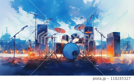 【青空の下のライブステージ】開放感溢れるエレキギターとドラムセット – 魅力的な水彩画風アート 118285327