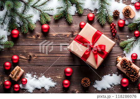 Christmas gift box and christmas decoration on wood background. Bokeh light. 118286076