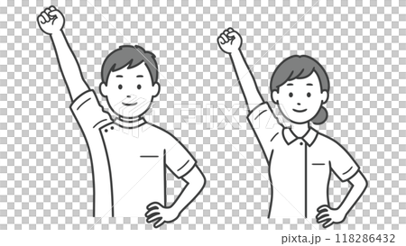 ガッツポーズをする看護師男女の上半身イラスト 118286432