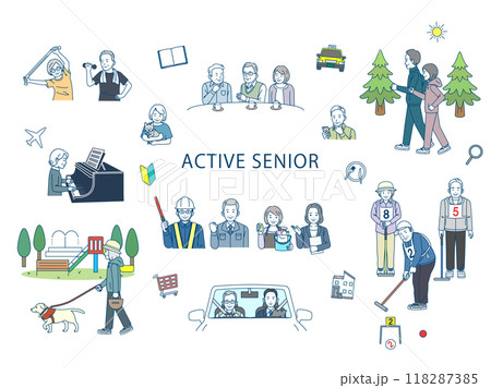 アクティブシニア、老後や趣味を楽しむ高齢者のイラスト 118287385