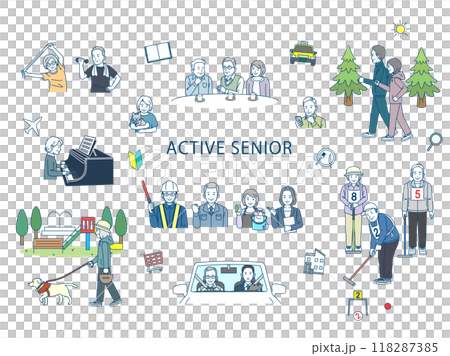 アクティブシニア、老後や趣味を楽しむ高齢者のイラスト 118287385