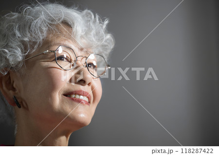 見上げるグレイヘアの高齢者(シニア)女性のクローズアップ スキンケアやヘアケア、美容イメージ 美しい 見上げるグレイヘアの高齢者(シニア)女性のクローズアップ スキンケアやヘアケア、美容イメージ 美しい 118287422