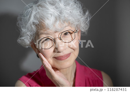 見上げるグレイヘアの女性のクローズアップ　スキンケアや美容イメージ　頬を触れるカメラ目線 118287431