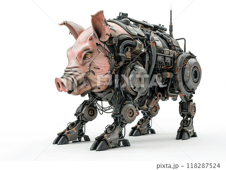 A robotic pig with exposed metallic parts stands on a white background, blending organic and machine elements. Animals. 118287524
