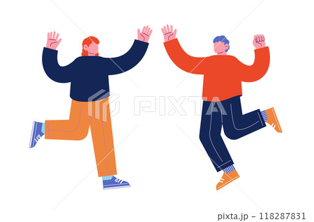 ハイタッチをする陽気な友人達。笑顔でダンスを踊る幸せな人々。漫画のキャラクターベクターイラスト 118287831