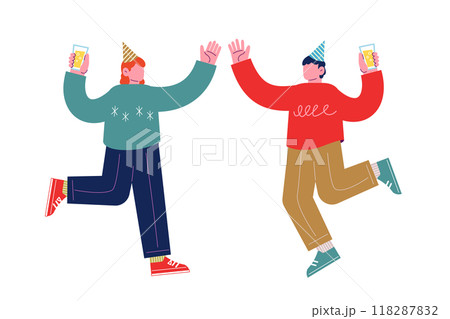 飲み物を持ち、祝日を祝うパーティーを一緒に楽しむ陽気な友人達。笑顔でダンスを踊る幸せな人々。漫画のキ 118287832