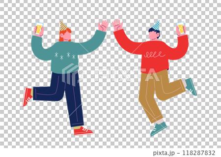 飲み物を持ち、祝日を祝うパーティーを一緒に楽しむ陽気な友人達。笑顔でダンスを踊る幸せな人々。漫画のキ 118287832