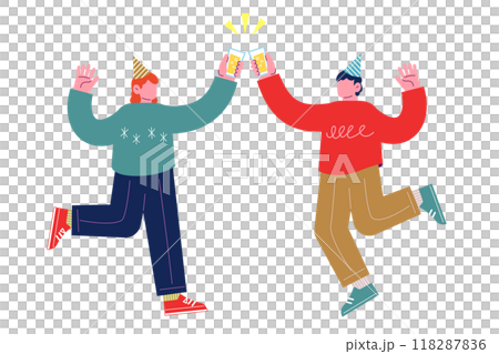 年輕人舉杯敬酒。快樂的朋友一起享受聚會慶祝節日。卡通人物基地 118287836