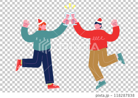 Young people holding drinks and toasting. Cheerful friends having fun together at party celebrating Christmas. Cartoon characters Young people holding drinks and toasting. Cheerful friends having fun together at party celebrating Christmas. Cartoon characters 118287838