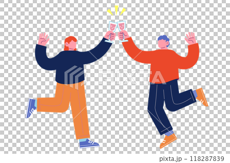 飲み物を持ち乾杯をする若者たち。祝日を祝うパーティーを一緒に楽しむ陽気な友人達。漫画のキャラクターベ 118287839