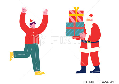 クリスマスプレゼントを持って来たサンタクロースを歓迎する男の子。漫画のキャラクターベクターイラスト 118287841