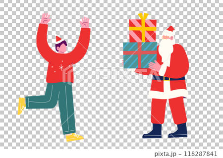 クリスマスプレゼントを持って来たサンタクロースを歓迎する男の子。漫画のキャラクターベクターイラスト 118287841