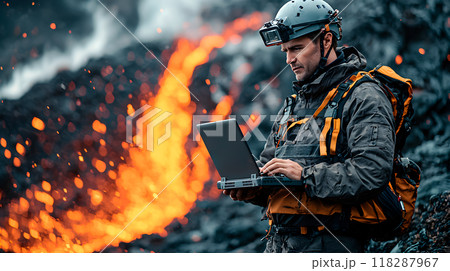 Volcanologist analyzing data near erupting volcano Volcanologist analyzing data near erupting volcano 118287967