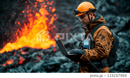 Volcanologist analyzing data near erupting volcano Volcanologist analyzing data near erupting volcano 118287968