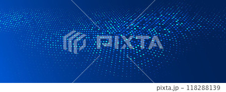 Glowing blue dotted wallpaper. Abstract curved round dot grid texture. Circle halftone pattern background. Dark navy backdrop for technology, business, science, healthcare, medicine design. Vector 118288139