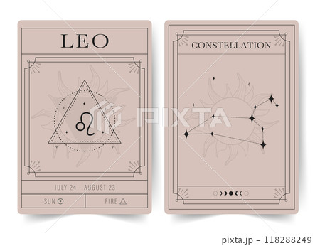 Leo. Witchcraft cards with astrology zodiac sign and constellation. Modern boho astrology posters. Perfect for tarot readers and astrologers. Vector illustration Leo. Witchcraft cards with astrology zodiac sign and constellation. Modern boho astrology posters. Perfect for tarot readers and astrologers. Vector illustration 118288249