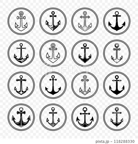 Anchor Icon Set. Flat Monochrome Anchor Shapes in Circular Rope Frame. Nautical Anchor Symbols, Marine Rope Border Design. Vector Illustration 118288330