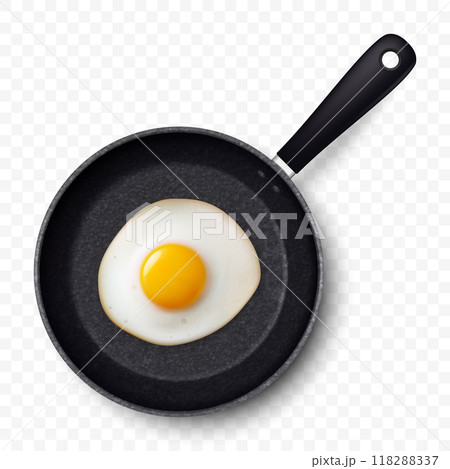 Vector 3d Realistic Fried Egg in the Black Frying Pan, Closeup Isolated, Top View. Design Template of Scrambled Eggs, Fried Egg, Omelette. Delicious Breakfast, Food, Culinary Concept Vector 3d Realistic Fried Egg in the Black Frying Pan, Closeup Isolated, Top View. Design Template of Scrambled Eggs, Fried Egg, Omelette. Delicious Breakfast, Food, Culinary Concept 118288337