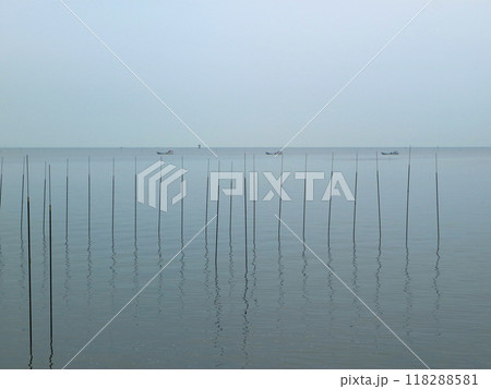 佐賀県鹿島の有明海の沿岸に立つ杭 佐賀県鹿島の有明海の沿岸に立つ杭 118288581
