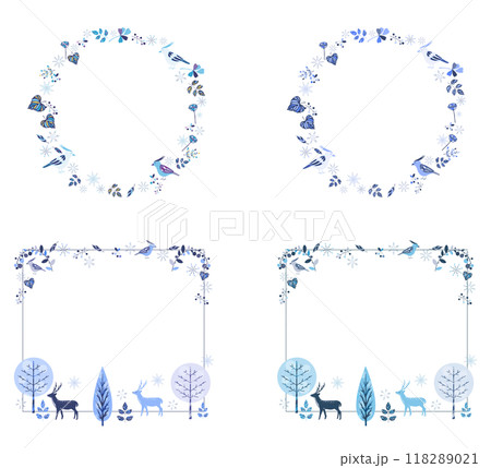 雪の結晶と動物たちのフレームセット 丸フレームと四角フレーム 118289021