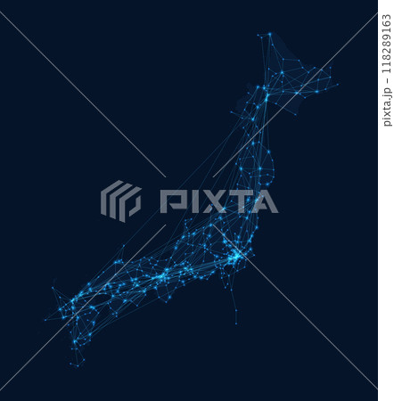 デジタルネットワークを表現した、日本列島本州のドットマップ 118289163