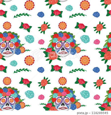 Colorful Floral Sugar Skull Pattern 118289345