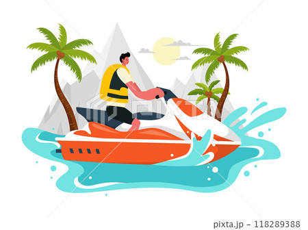 Vector Illustration of People Riding Jet Skis with Summer Vacation Recreation and Resort Beach Activities in Flat Extreme Water Sports Background Vector Illustration of People Riding Jet Skis with Summer Vacation Recreation and Resort Beach Activities in Flat Extreme Water Sports Background 118289388