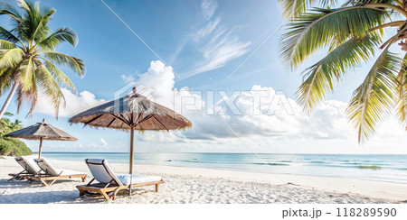 beautiful tropical beach sea and ocean with coconut palm tree on blue sky and white cloud 118289590