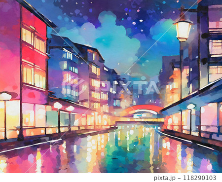 水彩画で描かれた町の夜景のイラスト素材 [118290103] - PIXTA