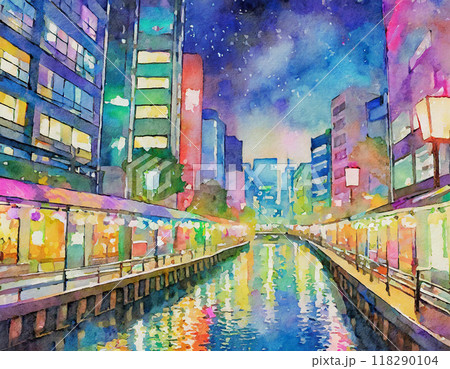 水彩画で描かれた町の夜景のイラスト素材 [118290104] - PIXTA