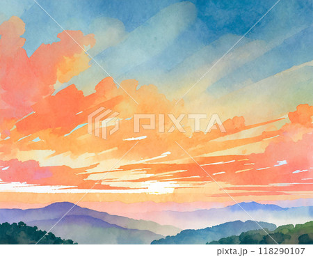 水彩画で描かれた夕焼け 水彩画で描かれた夕焼け 118290107