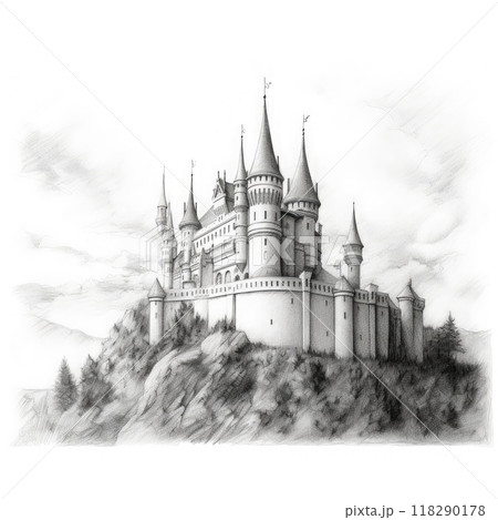 Castle on the hill. Hand-drawn illustration. Black and white. 118290178