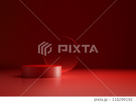 Minimalist Red 3D Podium Cylinder on Dark Red Background for Modern Mockup and Showcase, Elegant Product Display Design Minimalist Red 3D Podium Cylinder on Dark Red Background for Modern Mockup and Showcase, Elegant Product Display Design 118290192