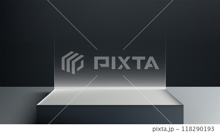 Minimalist 3D White Podium with Translucent Glass Panel on Dark Background, Elegant Modern Design for Product Display, Mockup, Showroom 118290193