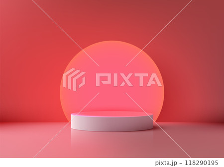 Minimalist 3D White Podium with Glowing Red Circle on Red Background, Vibrant Display for Product Mockup, Showroom, Showcase 118290195