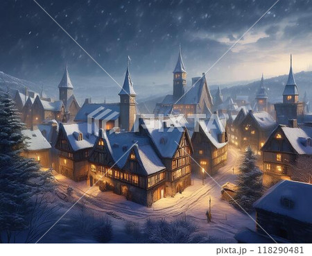 雪の中の古い街並み　ai生成画像 118290481