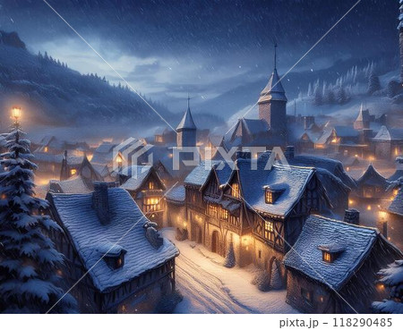雪の降りしきる夜の古い街並みの風景　ai生成画像 118290485