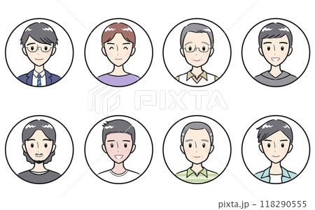 様々な年代の大人男性　ポジティブな表情　丸いアイコンセット　ホワイト 118290555