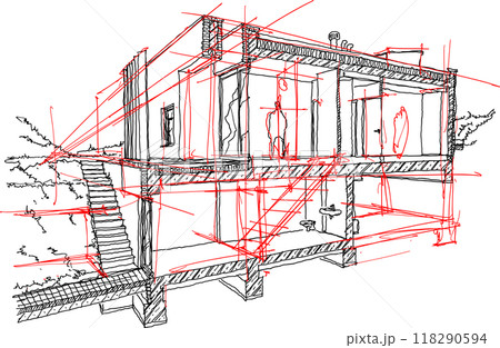 hand drawn architectural sketch of section of modern two story detached house with flat roof and garden hand drawn architectural sketch of section of modern two story detached house with flat roof and garden 118290594