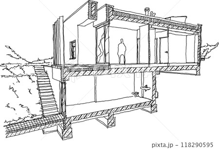 hand drawn architectural sketch of section of modern two story detached house with flat roof and garden hand drawn architectural sketch of section of modern two story detached house with flat roof and garden 118290595