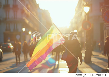A woman carries an LGBTQ  flag in front of a city street 118290961