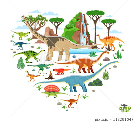 Heart shape with prehistoric dinosaur characters. Vector vibrant dino , herbivore and carnivore species at lush landscape with mountains, waterfall, trees, ferns and rocks, ancient natural environment 118291047