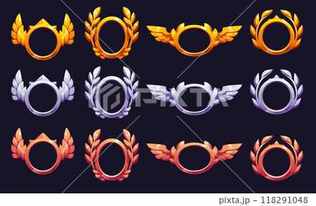 Game rank frame, heraldic avatar badge. Vector bronze, silver and gold borders with laurel leaves and wings. Cartoon gui elements for app, medieval rpg or arcade game menu and player ranking systems 118291048