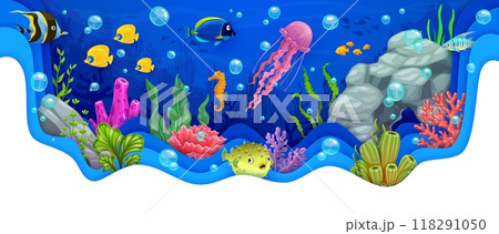 Cartoon underwater animals and seaweeds, paper cut sea landscape with waves, tropical fishes and coral reef. 3d vector wavy frame with mesmerizing ocean bottom scene filled with colorful marine life Cartoon underwater animals and seaweeds, paper cut sea landscape with waves, tropical fishes and coral reef. 3d vector wavy frame with mesmerizing ocean bottom scene filled with colorful marine life 118291050