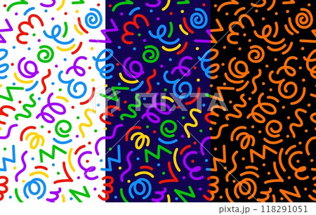 Kids holiday squiggle line pattern. Vector vibrant, childish party print, creative confetti ornament. Playful and colorful squiggly doodle curves across of white, blue and black vertical backgrounds Kids holiday squiggle line pattern. Vector vibrant, childish party print, creative confetti ornament. Playful and colorful squiggly doodle curves across of white, blue and black vertical backgrounds 118291051