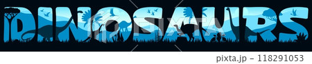 Dinosaurs sunset silhouettes. Vector creative typography world featuring prehistoric world of dino animals and plant shadows at blue dusk scenery, evoking the majesty and mystery of ancient creatures 118291053